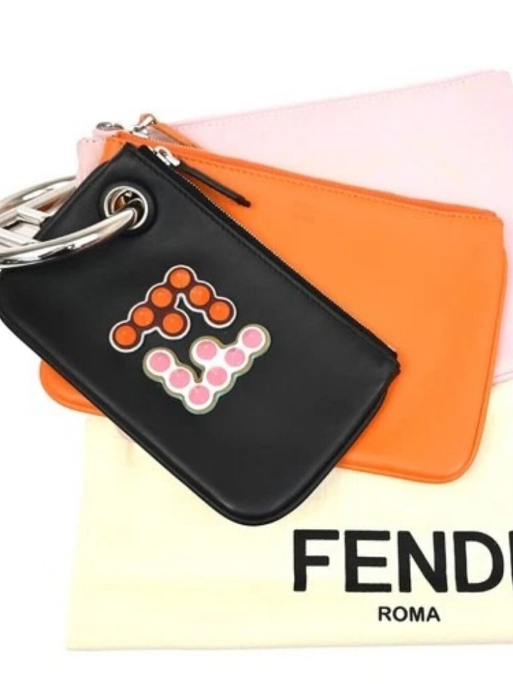 FENDI 3 Set Clutch Pouch Bag Leather Orange Pink Black SHW 34TA570